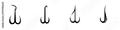 Various styles of fishing hooks displayed in a row showing differences in design and shape for anglers interested in fishing techniques