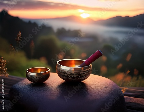 Golden Singing Bowls at Sunrise: A Serene Moment for Meditation and Relaxation Amidst Nature's Beauty and Tranquility