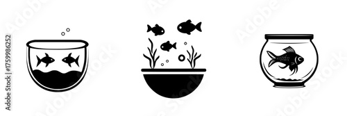 Different styles of fish bowls with various aquatic designs showcasing fish and aquatic plants in black and white art