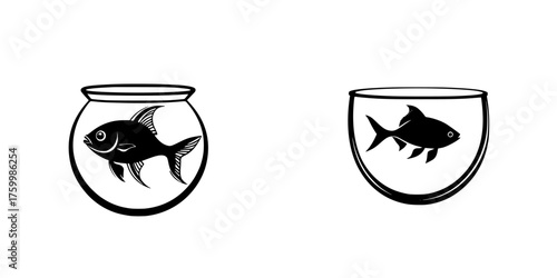 Two fish bowls with different sizes of fish swimming inside, showcasing contrasting environments and aquatic life