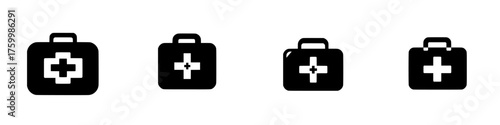 First aid kit icons representing various designs and styles in a minimalistic format suitable for healthcare graphics
