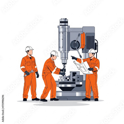 Industrial workers assembling drilling equipment flat vector illustration
