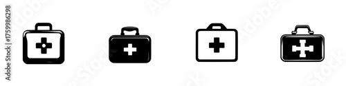 First aid kit icons representing various styles and designs in a simple black and white format