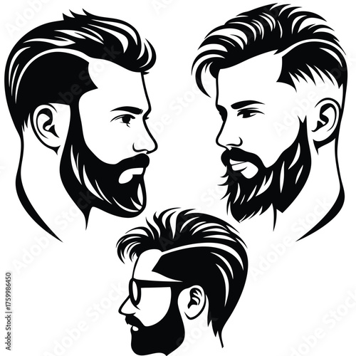 Three bearded men silhouettes show trendy haircuts and glasses in stylish black lines