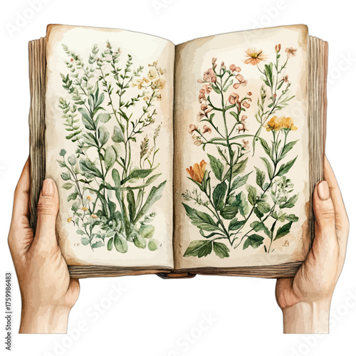 Elegant Watercolor Botanical Book with Wildflowers: Vintage Herbarium Clipart
