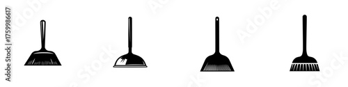Various types of cleaning tools displayed on a white background in a minimalistic style for home maintenance tasks