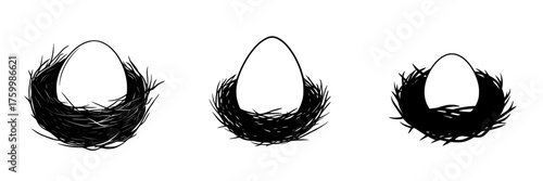 Illustration of three distinct nests with a single egg in each, symbolizing growth and new beginnings in nature