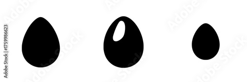 Different shapes of black eggs in a minimalistic design display various sizes and contours against a white background