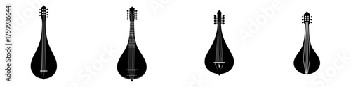 Mandolin silhouettes displayed in a row showcasing musical instruments in a minimalist style