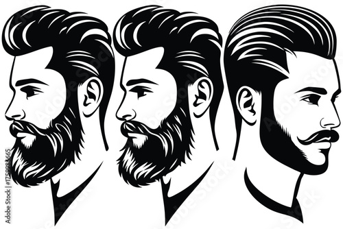 Three bearded men showcase distinct hairstyles and facial hair in a striking monochromatic portrayal