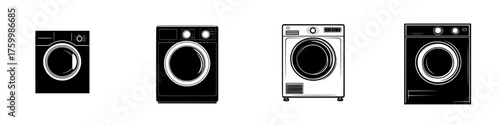 Different styles of washing machines displayed in a row showcasing various designs and features for household laundry needs