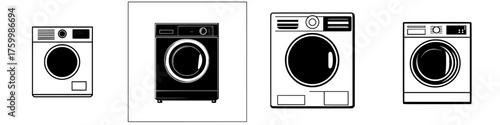 Various designs of washing machines displayed in a graphic layout showcasing modern appliances and their styles