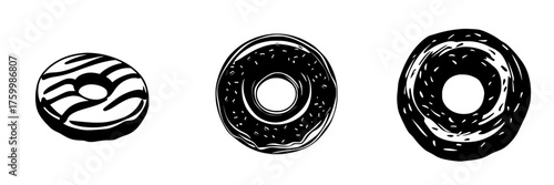 Artistic representation of assorted donuts in black and white style showcasing different designs and textures