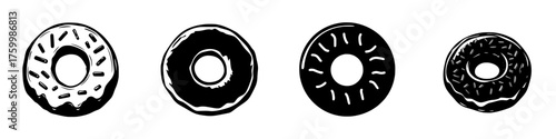 Variety of hand-drawn donuts illustrated in black and white showcasing different styles and toppings
