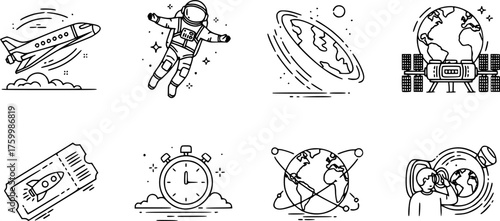 Space Tourism & Suborbital Flight Black Silhouette Icon Set: Passenger Spaceship, Space Tourist, Earth from Orbit, and Space Station Outline Vectors.