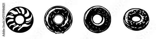 Various designs of donuts displayed in a simple, artistic style showcasing different flavors and textures