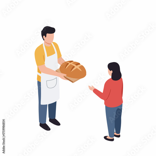 Flat Isometric Baker Giving Bread to Customer Illustration