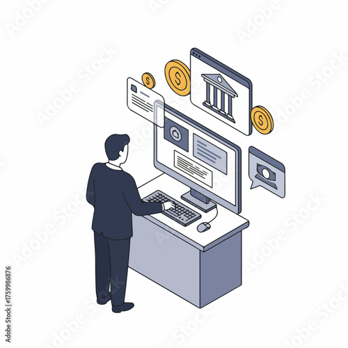 Isometric Man Using Computer for Online Banking and Finance Illustration