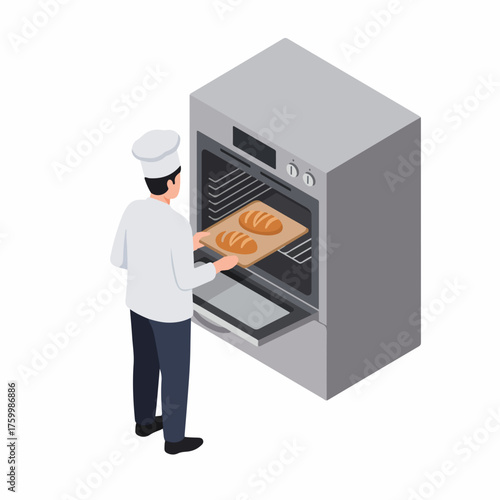 Isometric Man Baking Bread Inside Oven Illustration Detailed Home Activity