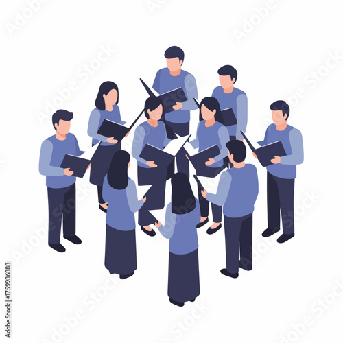 Isometric Group of People Singing in Choir, Musical Performance, Illustration