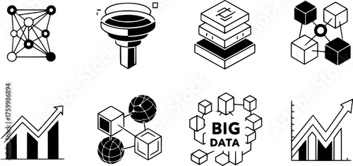 Data Science & Analytics Black Silhouette Abstract Icon Set: Network Nodes, Machine Learning Funnel, Big Data Cluster, and Trending Line Graph Vectors.