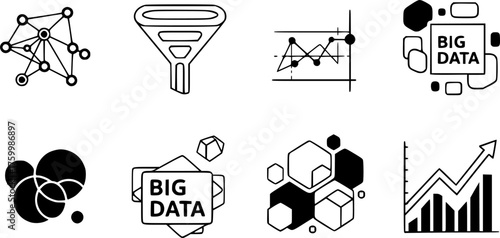 Data Science & Analytics Black Silhouette Abstract Icon Set: Network Nodes, Machine Learning Funnel, Big Data Cluster, and Trending Line Graph Vectors.