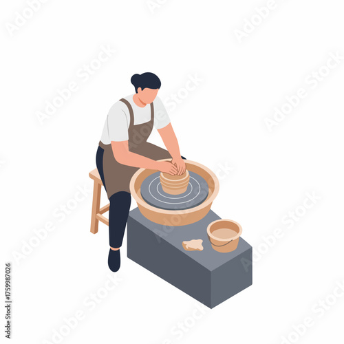 Isometric Detailed Woman Shaping Clay on Potter Wheel Art Illustration