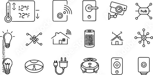 Smart Home & IoT Device Black Silhouette Line Icon Set: Smart Thermostat, Security Camera, WiFi Lock, and Smart Speaker Line Art Vectors.