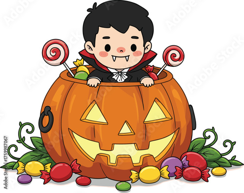 Adorable vampire boy in pumpkin full of candies — cute Halloween illustration for kids, trick-or-treat character, and festive art