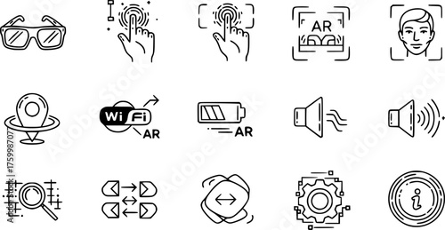 Augmented Reality (AR) & Smart Glasses UI Black Silhouette Line Art: Holographic Hand Interaction, Facial Scan, and AR Overlay UI Icons for Tech.