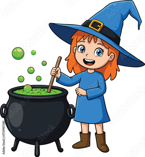 Cute young witch stirring bubbling green potion — Halloween girl in blue hat with cauldron cartoon magic illustration