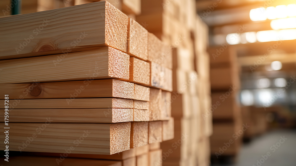 Fototapeta premium Stacks of precisely cut lumber, ready for construction projects. Warm tones and detailed grain patterns enhance its natural appeal. A rustic and reliable material.