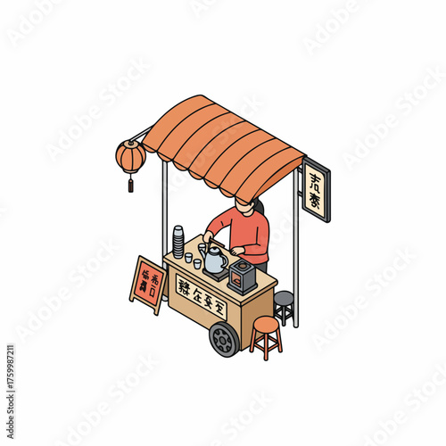 Isometric Illustration Street Food Stall with Teapot and Drinks Stand