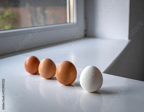 Four eggs of varying colors aligned on a bright, glossy windowsill