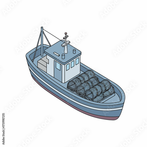 Isometric Handdrawn Detailed Fishing Boat Vessel Icon Design Illustration