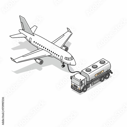 Isometric Outline Airplane Refueling with Fuel Tank Truck Transportation Illustration