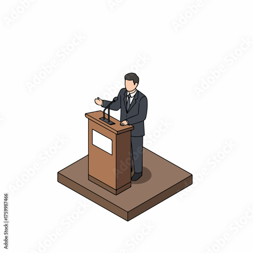 Isometric Illustration of Orator Giving Public Speech at Podium Stage