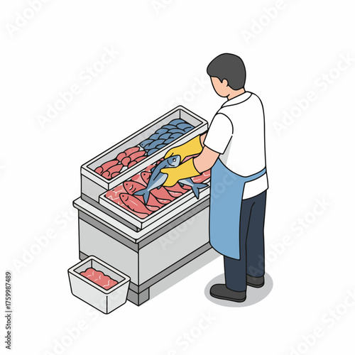 Isometric Illustration of Male Fishmonger Arranging Fresh Catch in Display Case