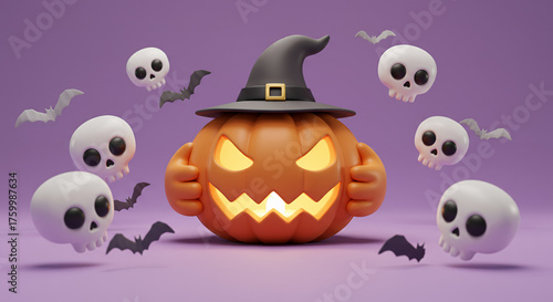 Evil Halloween Pumpkin Character in a Witch Hat with Skulls and Bats.