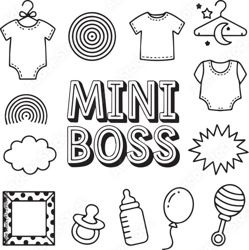 Black and white line art collection of baby items and text mini boss infant clothing
