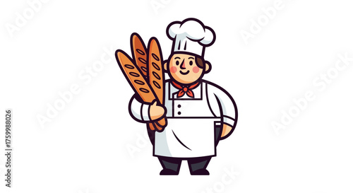 Cheerful Baker Holding Fresh Baguettes on Dark Background in Delightful Illustration