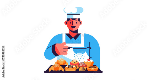 Cheerful Baker Preparing Baked Goods with Flour on Black Background Illustration