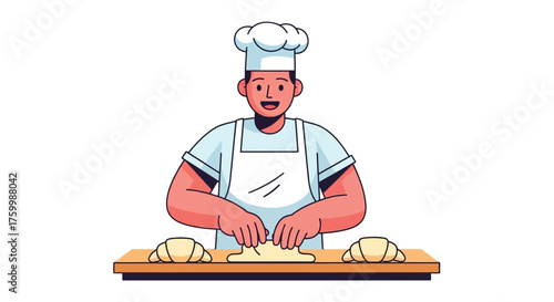 Cheerful Baker Preparing Dough For Freshly Baked Croissant On Table
