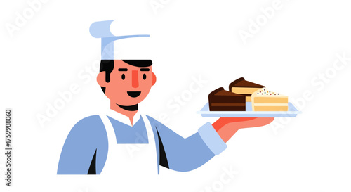 Cheerful Baker Presenting Dessert Slices on a Tray Against a Black Background
