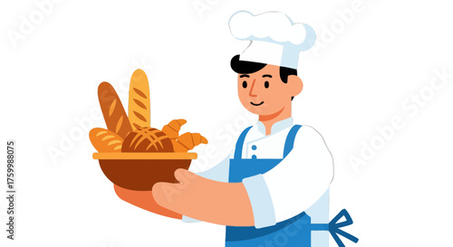 Cheerful Baker Presenting Variety of Freshly Baked Goods in a Wooden Bowl