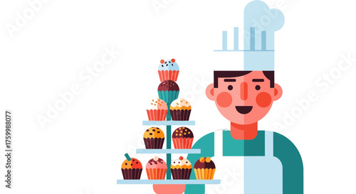 Cheerful Baker Presenting Variety Of Decorated Cupcakes On A Black Background