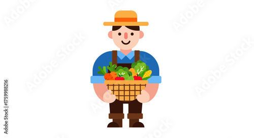 Cheerful Farmer Displaying Fresh Harvest Crops with Colorful Vegetables and Smiling Face
