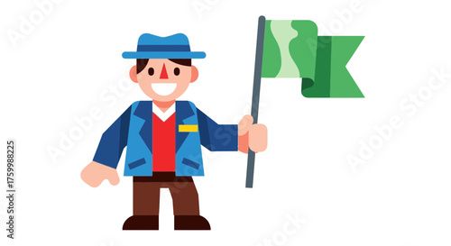Cheerful Guide Holding a Green Flag, Ready to Lead With a Smiling, Expressive Pose Style