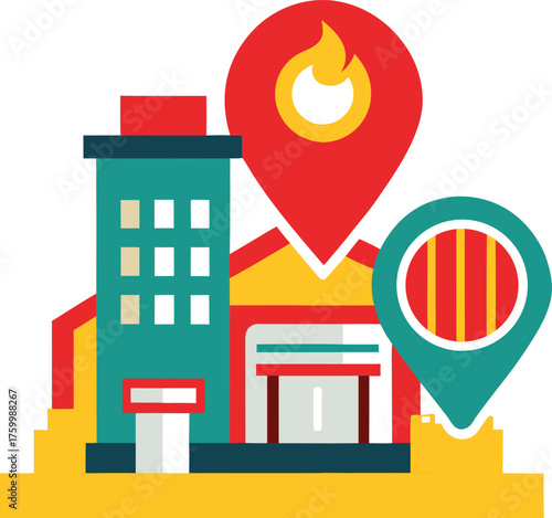 Fire Station Location Map Vector Icon with Fire Truck and Pin on White Background – Colorful Flat Icon, Emergency Services, Fire Department, Apps, Websites, and UI Design
