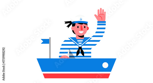 Cheerful Sailor Waving From the Deck of a Blue Boat Against a Black Evening Sky